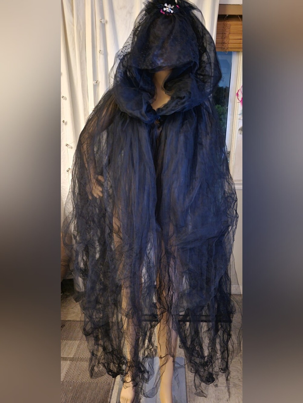 Halloween Sheer Black Tulle Hooded Robe with Layered Veil
